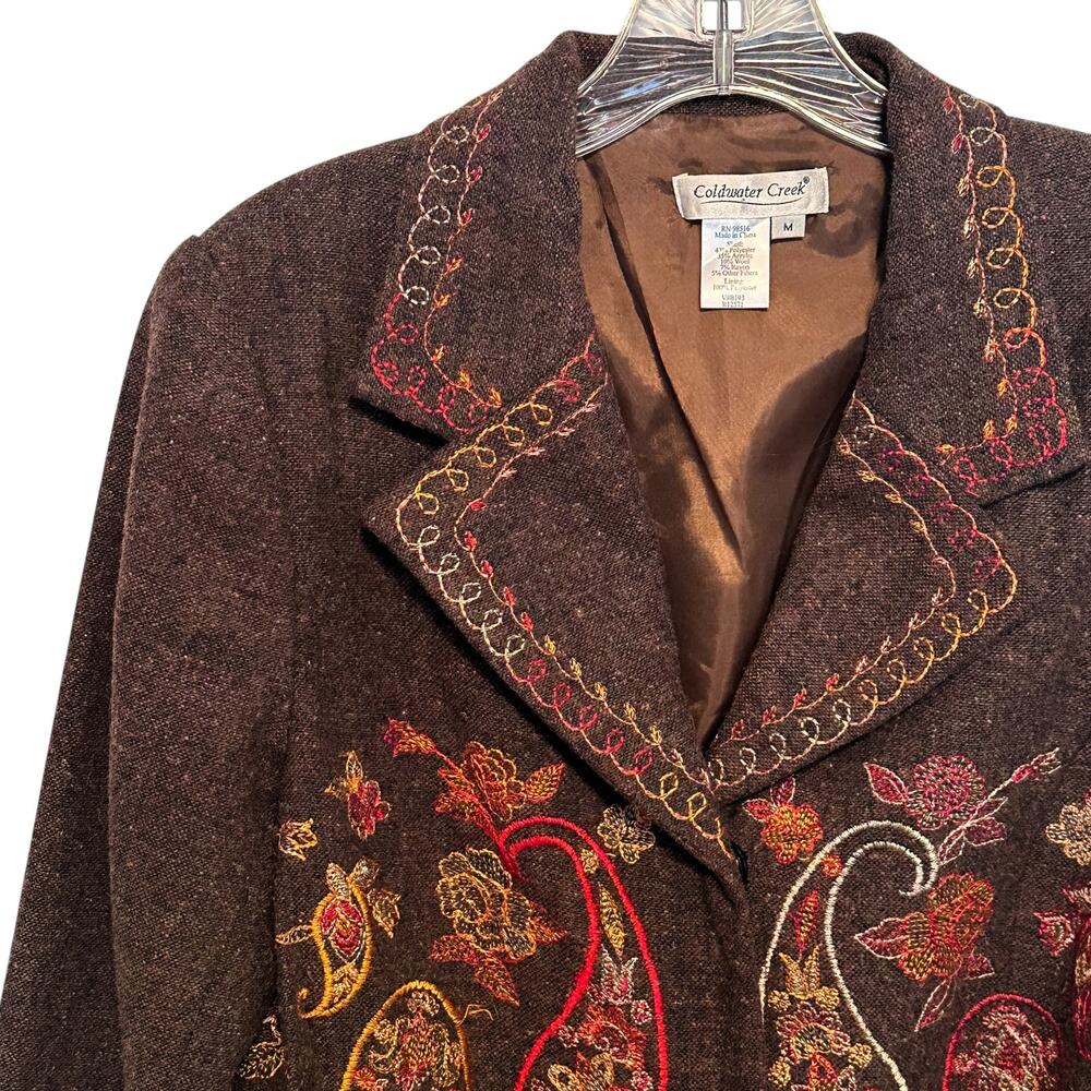 Coldwater Creek Embroidered Tweed Blazer Womens Medium Brown Paisley Wool Blend - Picture 2 of 9